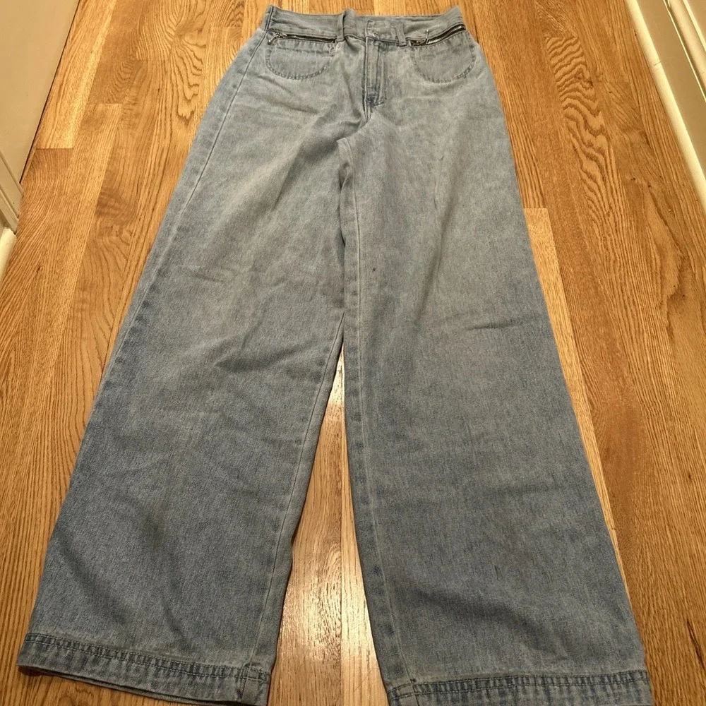 Wanted Jeans Womens 9 Blue Embroidered Medium Wash Wide Leg‎ Baggy y2K 90s